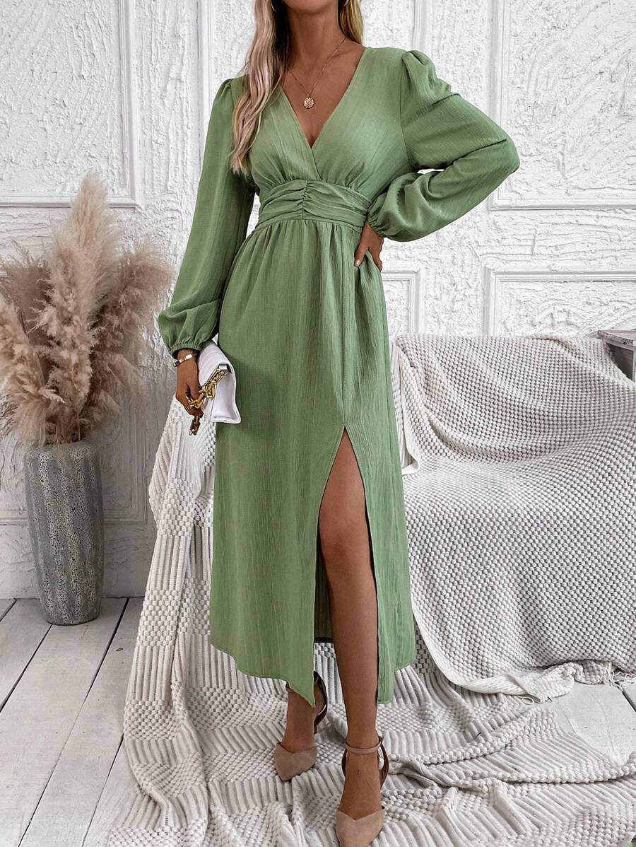 SHEIN Clasi Lantern Sleeve Split Thigh Dress - Army Green - View 1