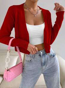 Flirla 1 件纽扣前 V 领开衫，适合新年衣服，长袖上衣 - 紅色 - 查看 7
