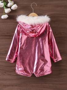 SHEIN 女小童毛茸邊連帽毛絨內襯金屬質感外套 - 粉色 - 查看 2