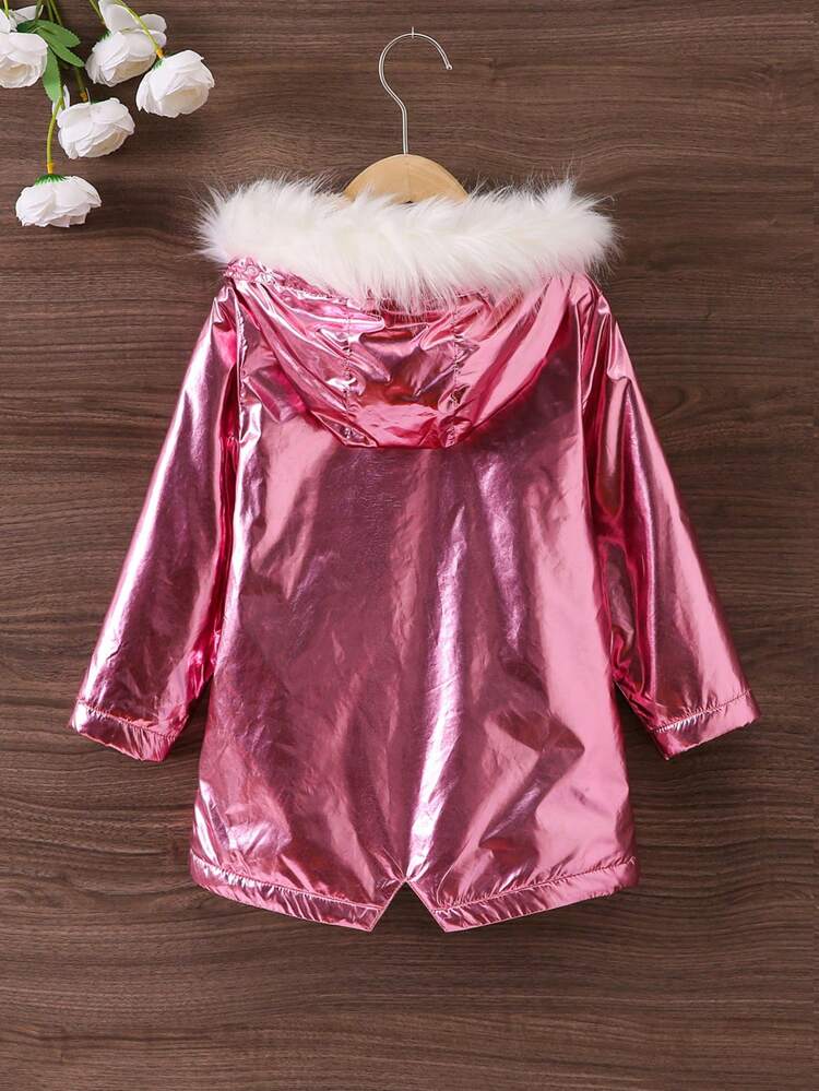 Young Girl Fuzzy Trim Hooded Teddy Lined Metallic Coat