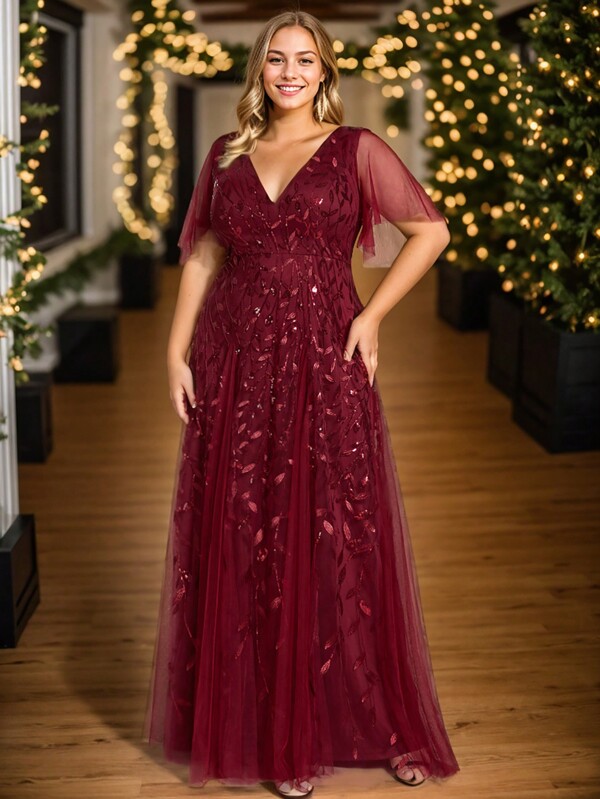 EVER-PRETTY Plus Size Elegant Flounce Sleeve Sequin Formal Dresses Party Dress Wedding Guest Dress Evening Dress,Gown