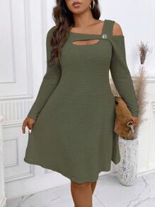 Calvaya Plus Cut Out Asymmetrical Neck Dress - Army Green - View 5