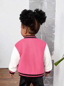 SHEIN Baby Girl Letter Patched Striped Trim Varsity Jacket - Pink - View 2