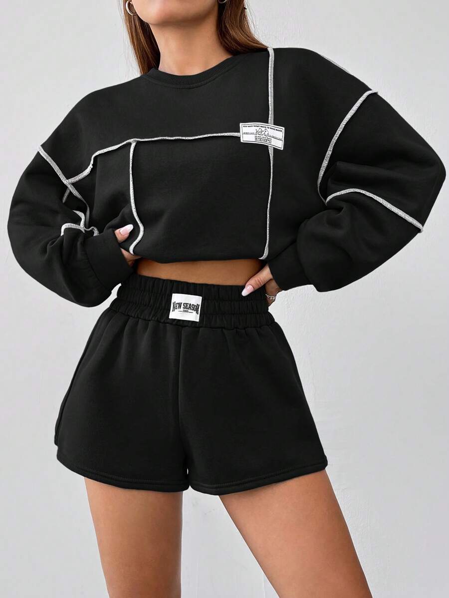 SHEIN EZwear Letter Patched Contrast Piping Drop Shoulder Crop Sweatshirt In Fall/Winter - Black - View 1