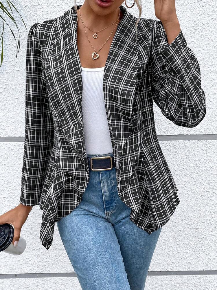 Plaid Print Waterfall Collar Open Front Coat