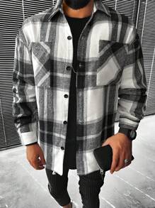 Manfinity Homme Loose Fit Men's Plaid Overcoat With Dual Pockets - Black and White - View 1