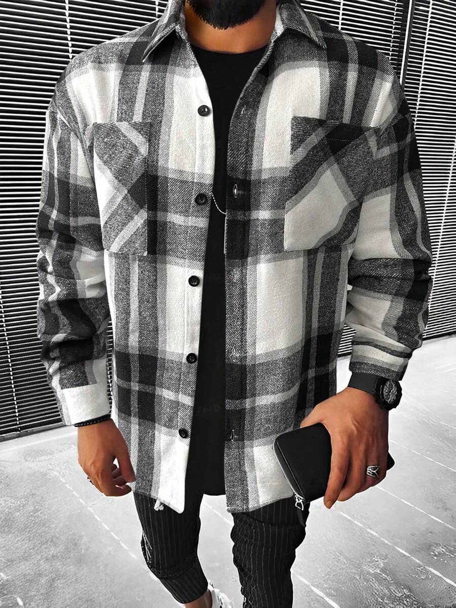 Manfinity Homme Loose Fit Men's Plaid Overcoat With Dual Pockets - Black and White - View 1