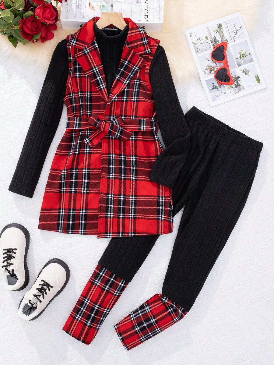 SHEIN 女大童格紋印花腰帶風衣外套&T恤和緊身褲適用於聖誕 - 黑色 - 查看 1