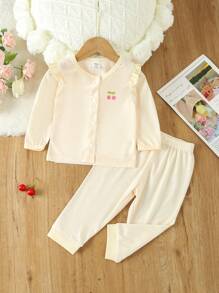 Baby Girl Cherry Embroidery Frill Trim Button Front PJ Set - Yellow - View 1