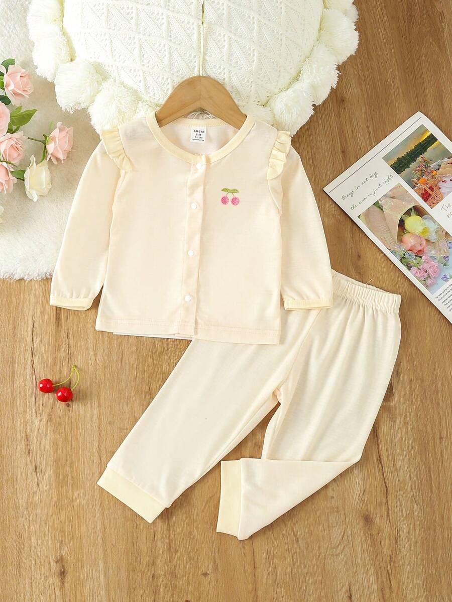 Baby Girl Cherry Embroidery Frill Trim Button Front PJ Set - Yellow - View 1