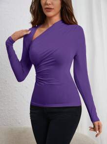 COSMINA Chất rắn Cổ không đối xứng Viền ven Áo thun - Màu tím - Xem 3