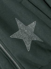 SHEIN Teen Girl Rhinestone Star Pattern Drop Shoulder Zipper Hoodie - Green - View 3