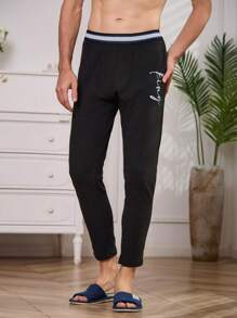 男士字母圖案條紋飾邊保暖內衣長褲