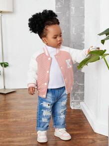 SHEIN Baby Girl Letter Flocking Striped Trim Varsity Jacket - Pink - View 1