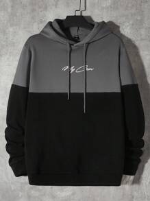 GENTILAND Men Letter Graphic Two Tone Drawstring Hoodie - Grey - View 1