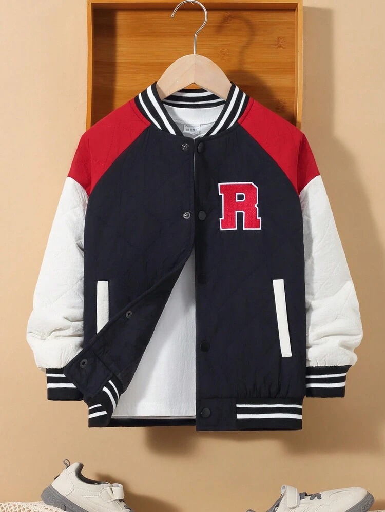 Tween Boy 1pc Embroidery Letter Pattern Colorblock Striped Trim Quilted Coat for Christmas