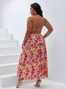 SHEIN VCAY Hơn Vải in hoa Cắt bỏ eo Tách đùi Váy dây - Nhiều màu - Xem 3