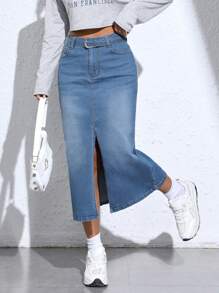 SHEIN Privé Tách đùi Thắt lưng Váy Denim - Rửa trung bình - Xem 4