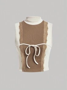 SHEIN MOD 小高領蕾絲邊前繫帶背心上衣 - 杏色 - 查看 1