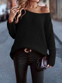 SHEIN LUNE Solid Drop Shoulder Sweater - Black - View 4