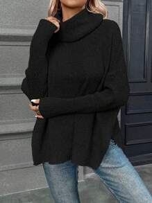 SHEIN LUNE Jersey cuello alto de manga murciélago bajo con abertura