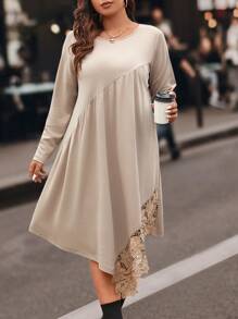 Calvaya Plus Contrast Lace Asymmetrical Hem Dress - Khaki - View 5