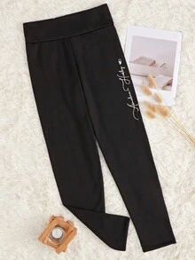 女士保暖字母刺繡保暖褲 - 黑色 - 查看 4