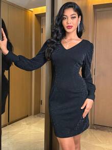 Zolique Guipure Lace Trim Lantern Sleeve Backless Glitter Dress Fall Cloth For Women - Black - View 4