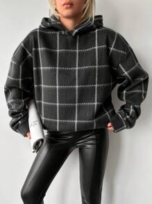 RueChic Plaid Print Drop Shoulder Hoodie - Dark Grey - View 5