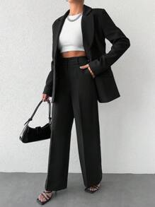 EURMUSE Lapel Neck Single Button Blazer & Suit Pants - Black - View 4