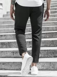 Manfinity Homme Men Solid Drawstring Waist Pants, For Fall - Black - View 2