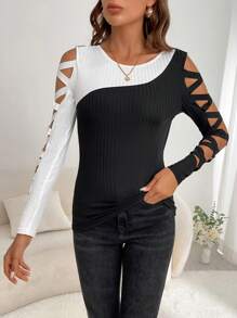 SHEIN Clasi Two Tone Crisscross Cut Out Tee  Asymmetrical Top - Black and White - View 6