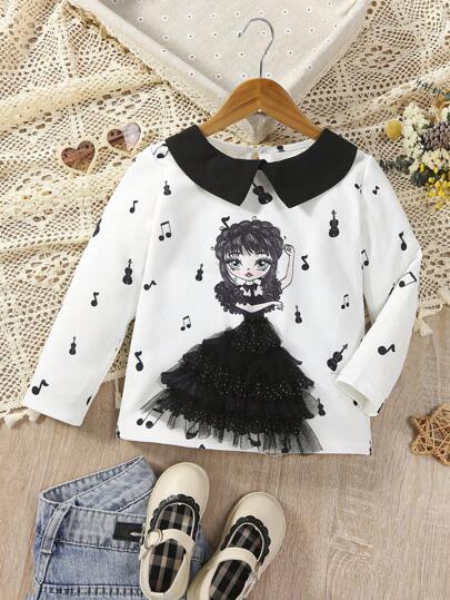 SHEIN Young Girl Figure Graphic Contrast Collar Tee
