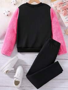 SHEIN Cô gái Tween Ngôi sao Đã vá Tay áo tương phản Áo nỉ & Xà cạp - Nhiều màu - Xem 2