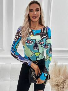 SHEIN LUNE 人像圖案船領上衣 - 彩色 - 查看 5