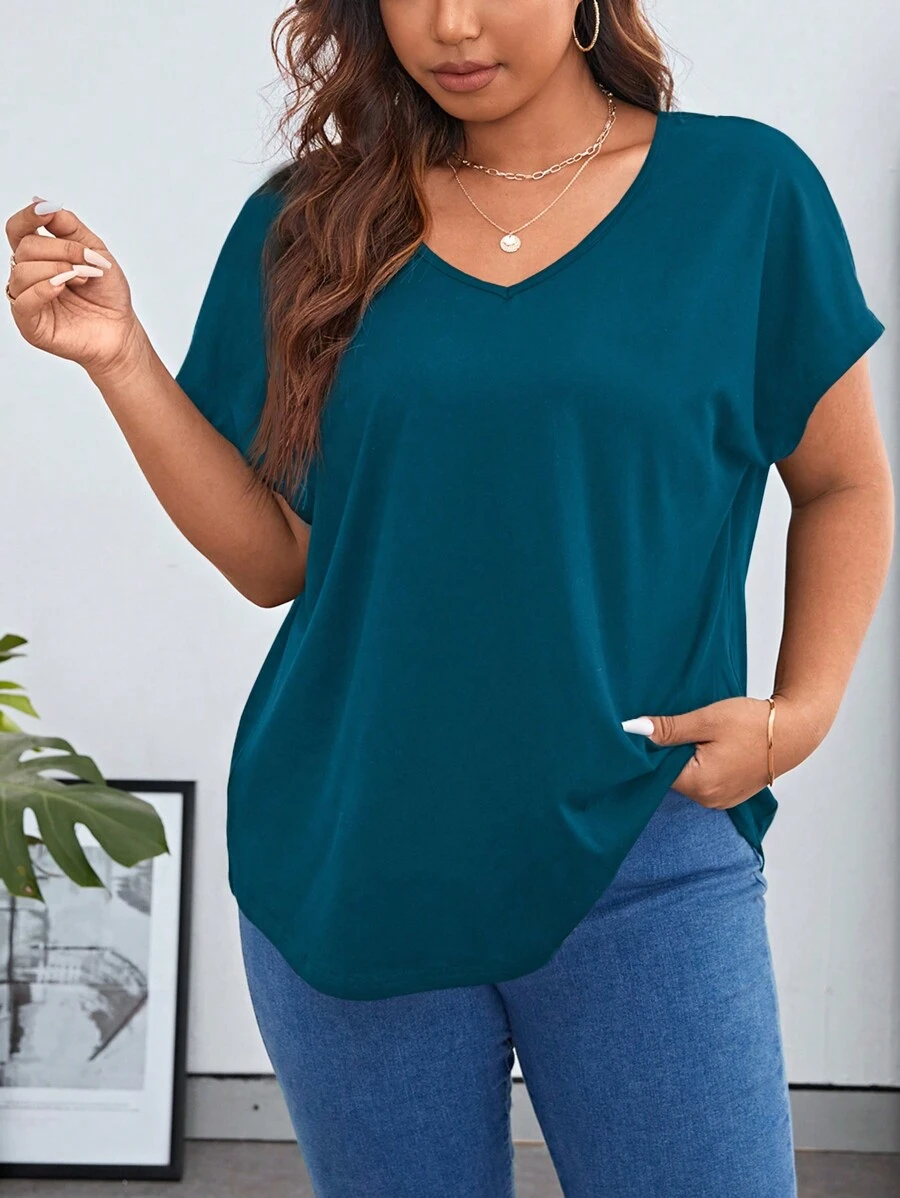 SHEIN Essnce Plus Solid Batwing Sleeve V Neck Tee - Teal Blue - View 1