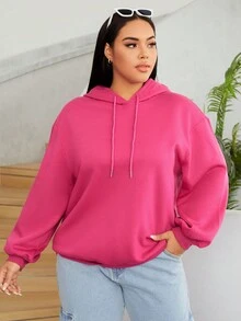 SHEIN EZwear 大码标语印花落肩卫衣 - 玫紅色 - 查看 2