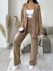 EURMUSE Drop Shoulder Cardigan & Knit Pants - Bronze - View 6