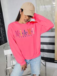 SHEIN Unity MIAM Miami FLORIDA 印花长袖运动衫 - 紅色 - 查看 1