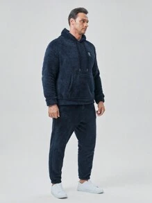 GENTILAND Men Plus Letter Patched Kangaroo Pocket Drawstring Teddy Hoodie & Pants - Blue - View 4