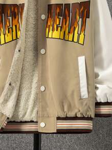 SHEIN 男大童字母圖案條紋飾邊加絨內裏學院風夾克 - 卡其色 - 查看 6