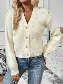 SHEIN LUNE 前紐扣落肩袖開襟衫 - 白色 - 查看 3