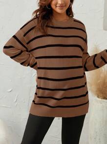 SHEIN Maternity Striped Pattern Drop Shoulder Sweater, For Winter - Brown - View 5