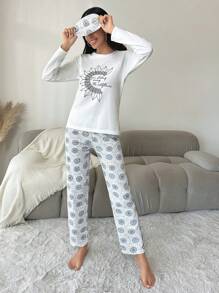 RueChic Floral And Slogan Graphic White Top & Pants PJ Set - White - View 5