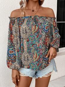 SHEIN VCAY In hoa Paisley Off Shoulder Tay áo lồng đèn Áo sơ mi - Nhiều màu - Xem 6