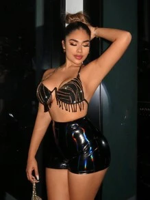 SHEIN SXY 流蘇邊後背繫帶繞頸短上衣 - 金色 - 查看 4