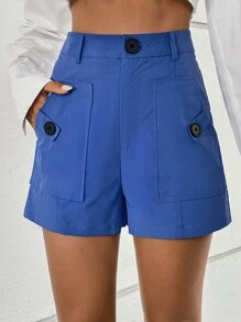 SHEIN Essnce Solid Button Front Shorts - Blue - View 5