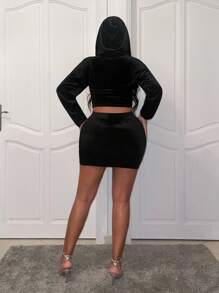 Slaydiva Rhinestone Detail Cut Out Crop Hoodie & Bodycon Skirt - Black - View 2