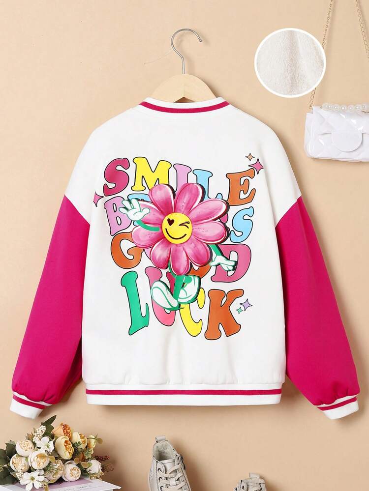 ティーンガール 花＆スローガングラフィック ドロップショルダー カラーブロック バーシティジャケット