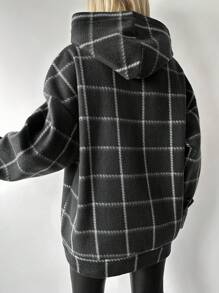 RueChic Plaid Print Drop Shoulder Hoodie - Dark Grey - View 2